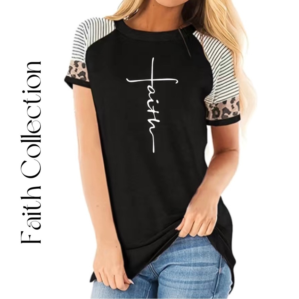 New “faith” T-Shirt | Shortsleeved | Small | Black | Stripes + Animal Print